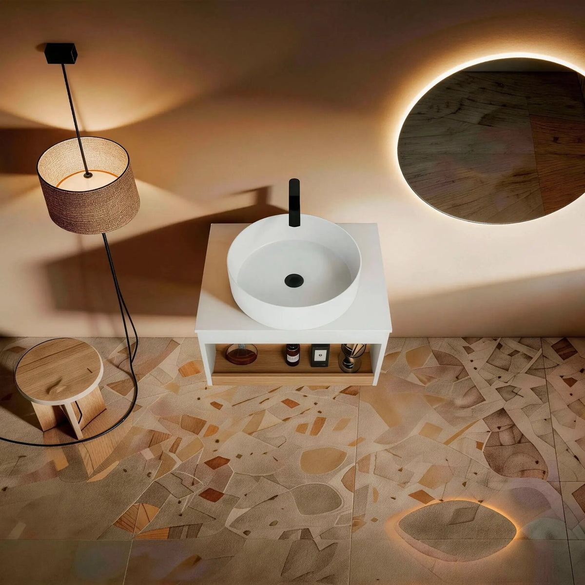 Floating Bathroom Vanity | Round Glossy Sink | Wall Mounted | Compact Design