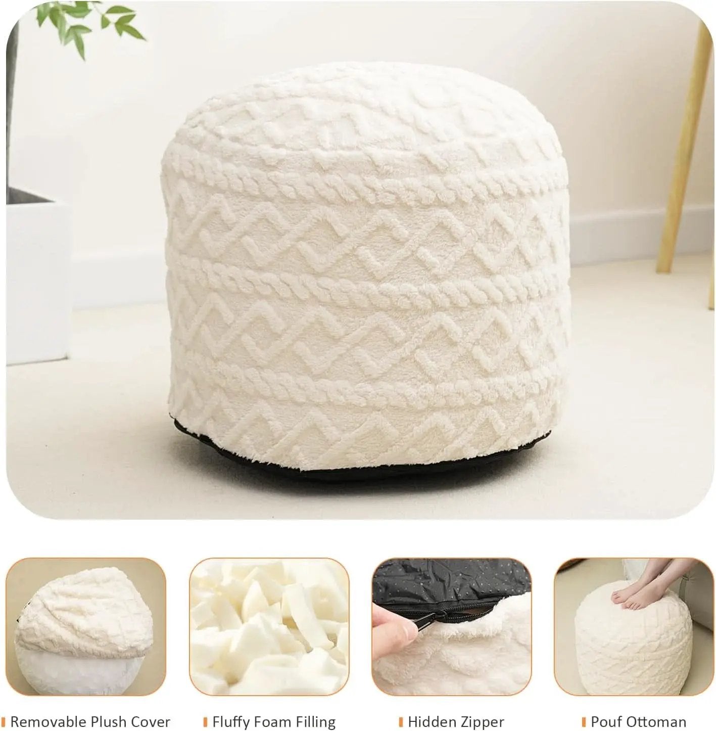 Beige Velvet Texture FauxFur Memory Foam Round Ottoman from PriceLows™