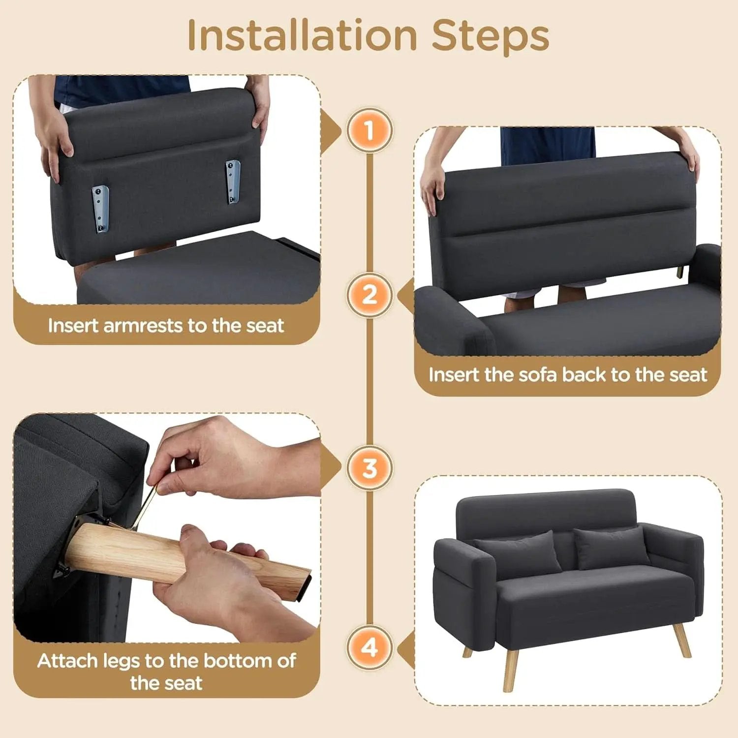 46-Inch Small Modern Fabric Loveseat Dark Gray Solid Wood Legs from PriceLows™