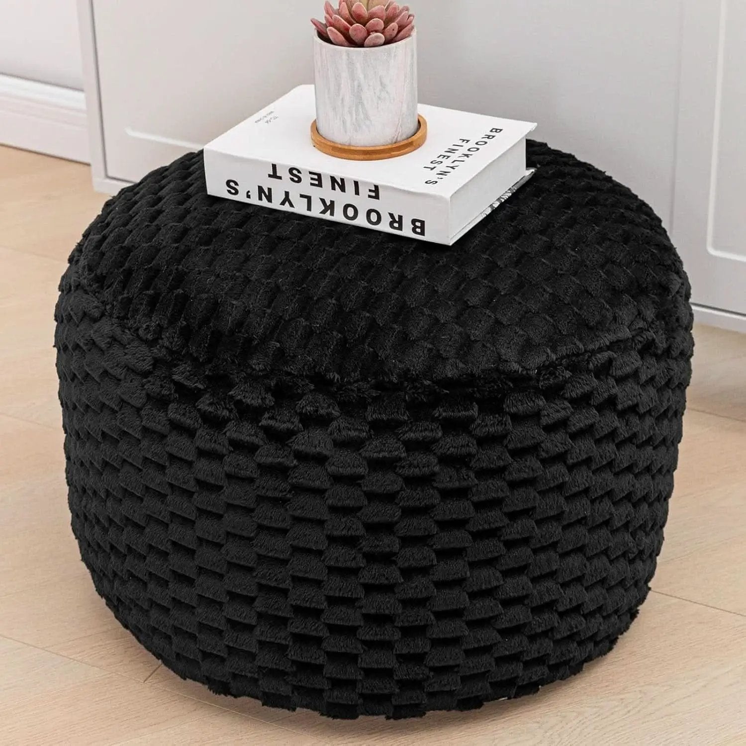 Round Plush Pouf Ottoman 20x12 Inches Black Upholstered from PriceLows™