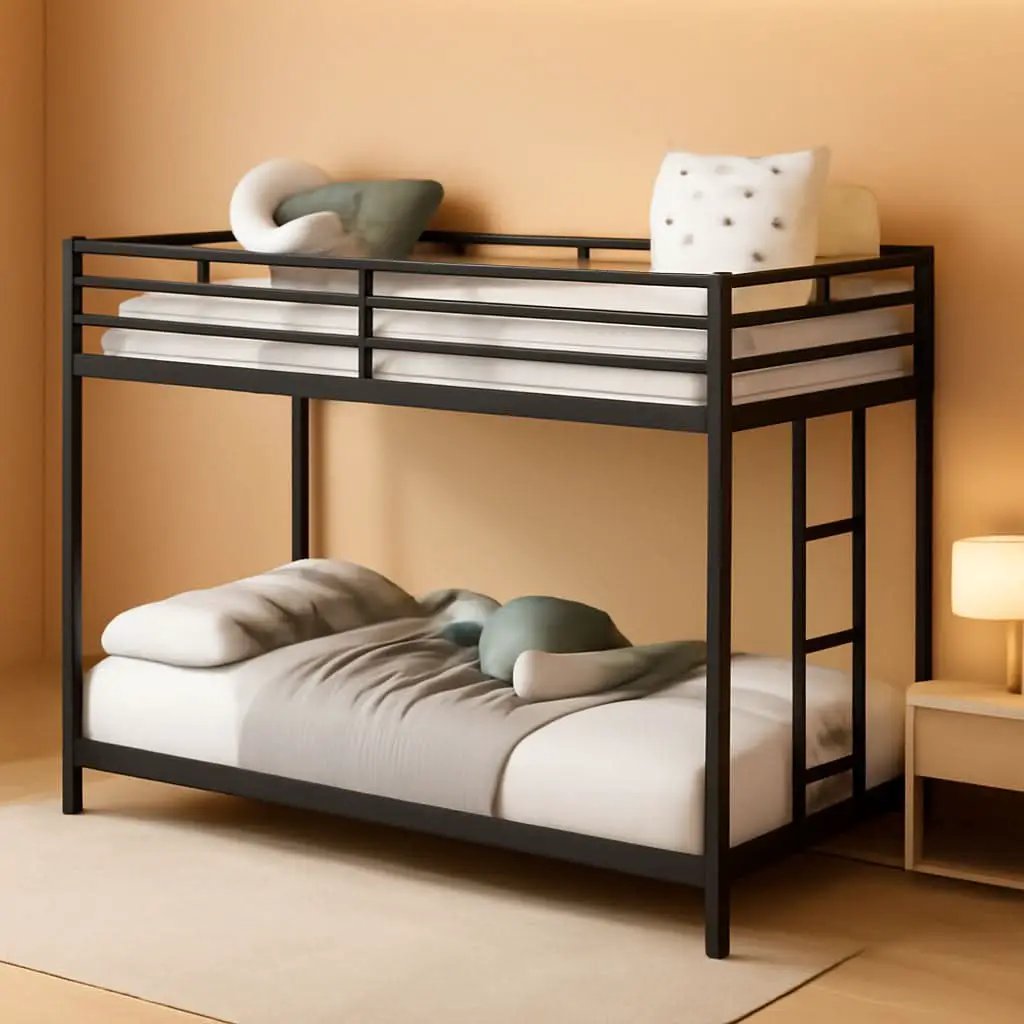 Twin Over Twin Metal Low Profile Bunk Bed With Guardrails And Ladder Black from PriceLows™