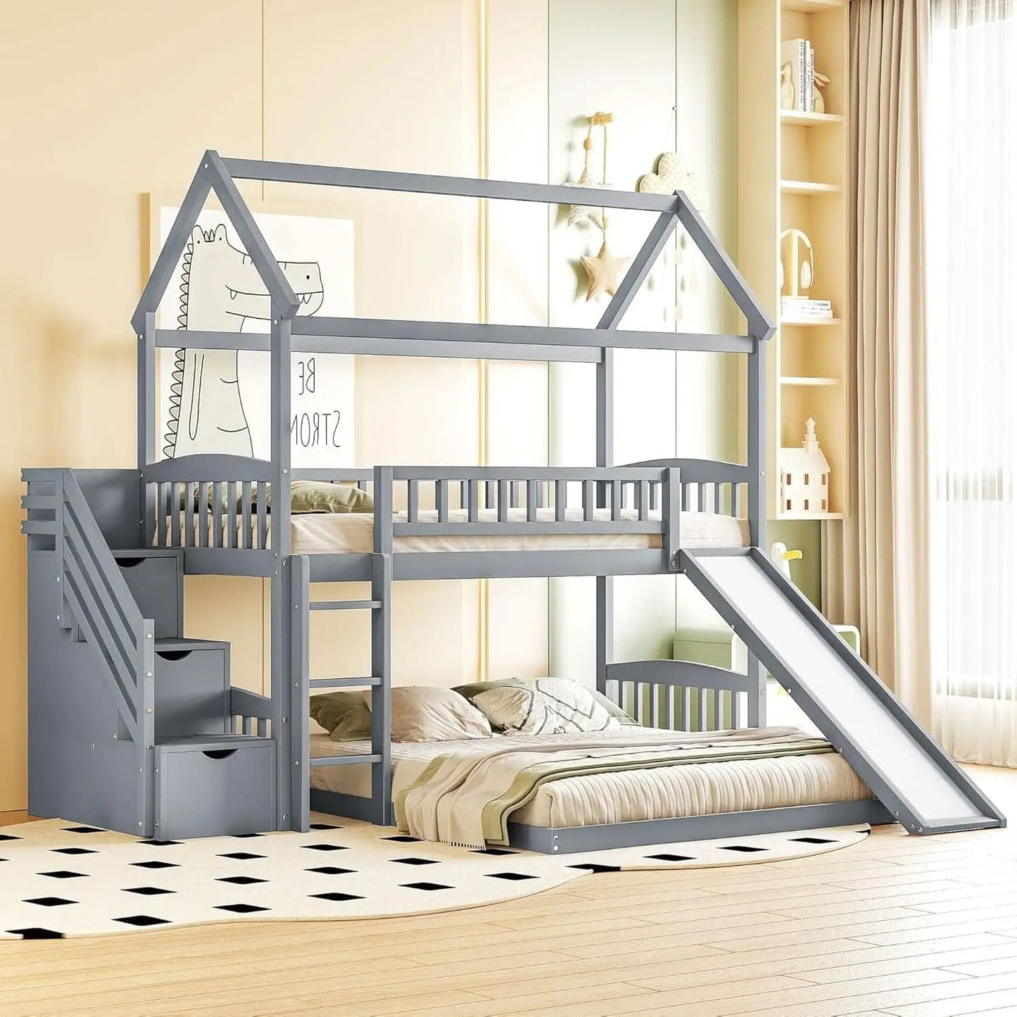 Gray Twin Loft Bunk Bed With Slide And Stairs Storage from PriceLows™