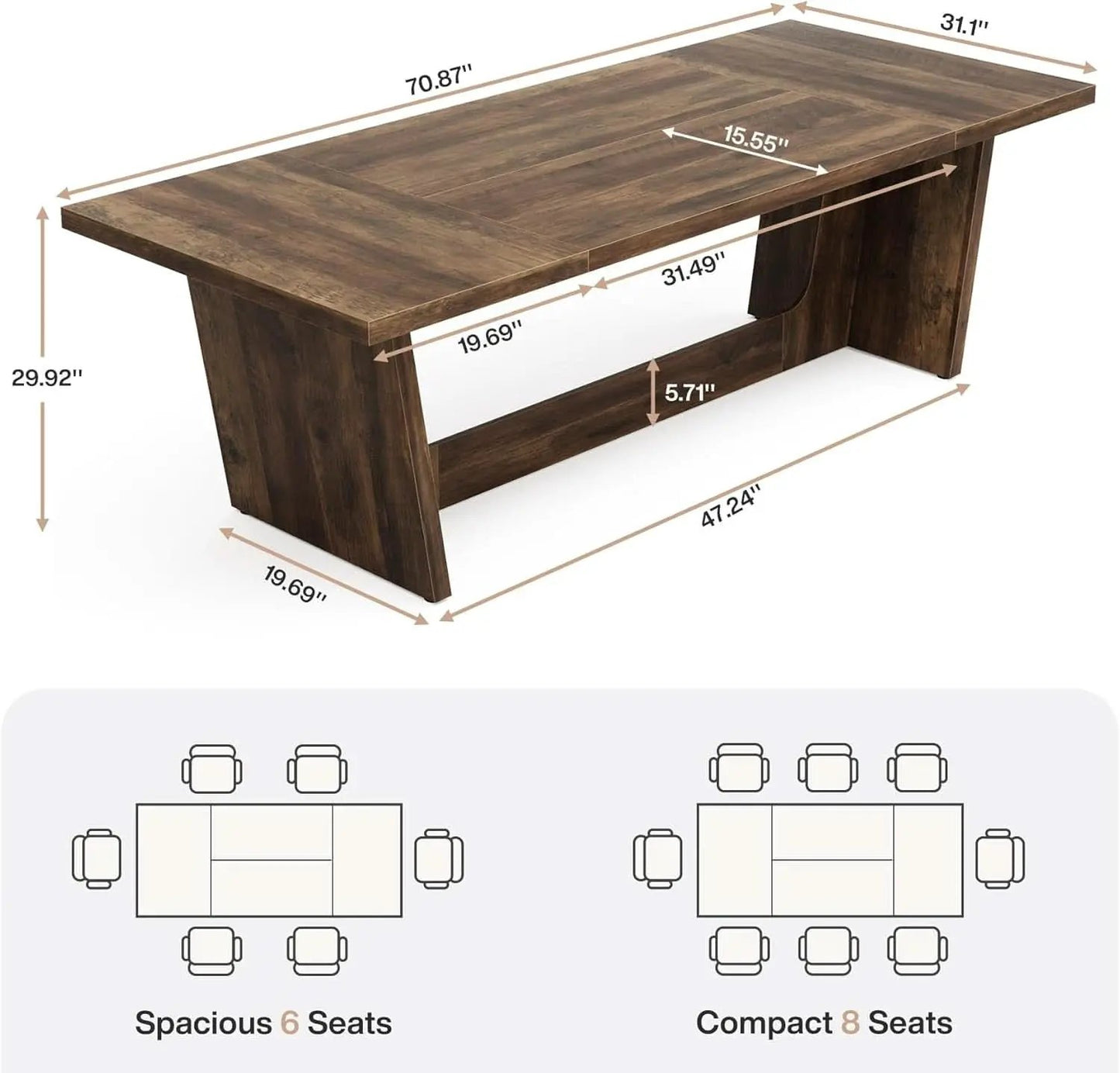 70 Inch Brown Solid Wood Rectangular Dining Table Seats Six from PriceLows™