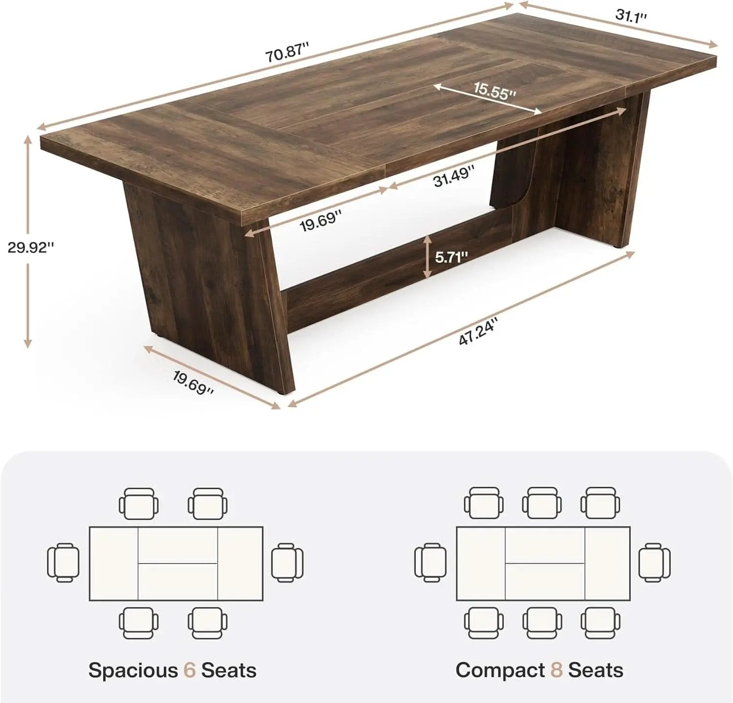 70 Inch Brown Solid Wood Rectangular Dining Table Seats Six from PriceLows™