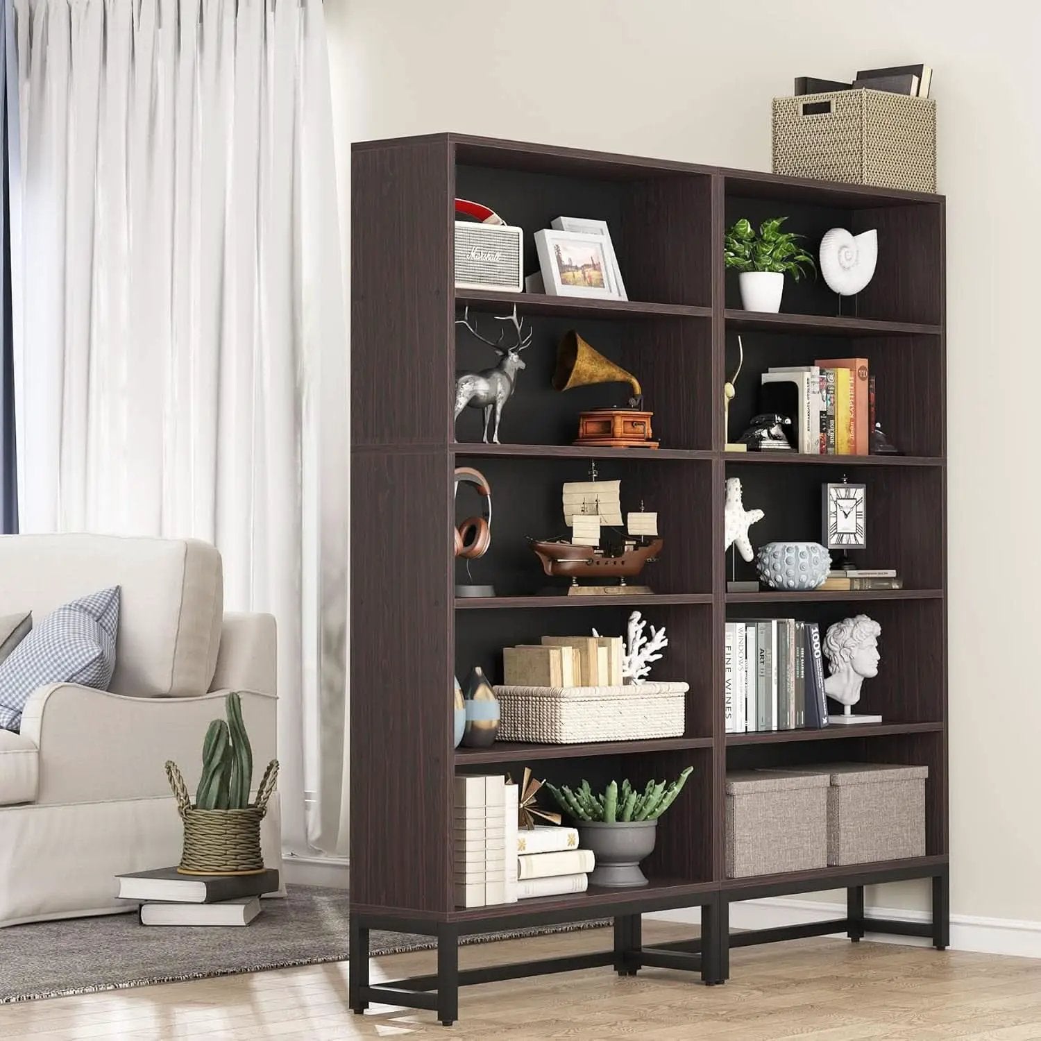 Tall Bookcase And Bookshelf 70.8 Inch Sandalwood Shelving from PriceLows™