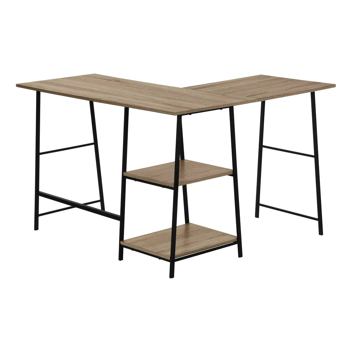Industrial L-Shaped Corner Desk | 47.25 Inch Width | 2 Open Shelves | Sawhorse-Style Legs
