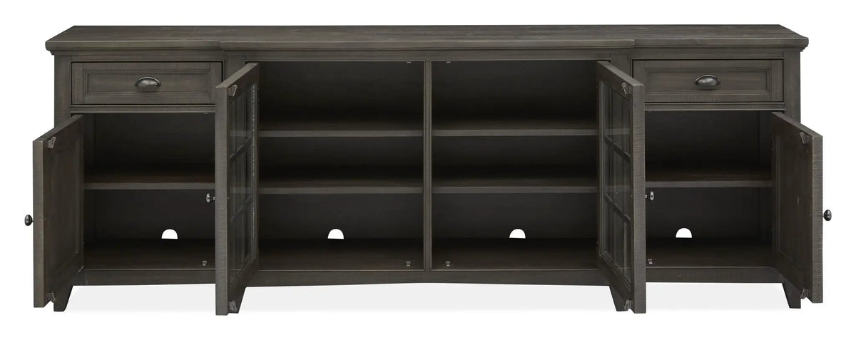Westley Falls Entertainment Console | Wood Framed Glass Doors | Felt Lined Top Drawers | 70 Inch Width