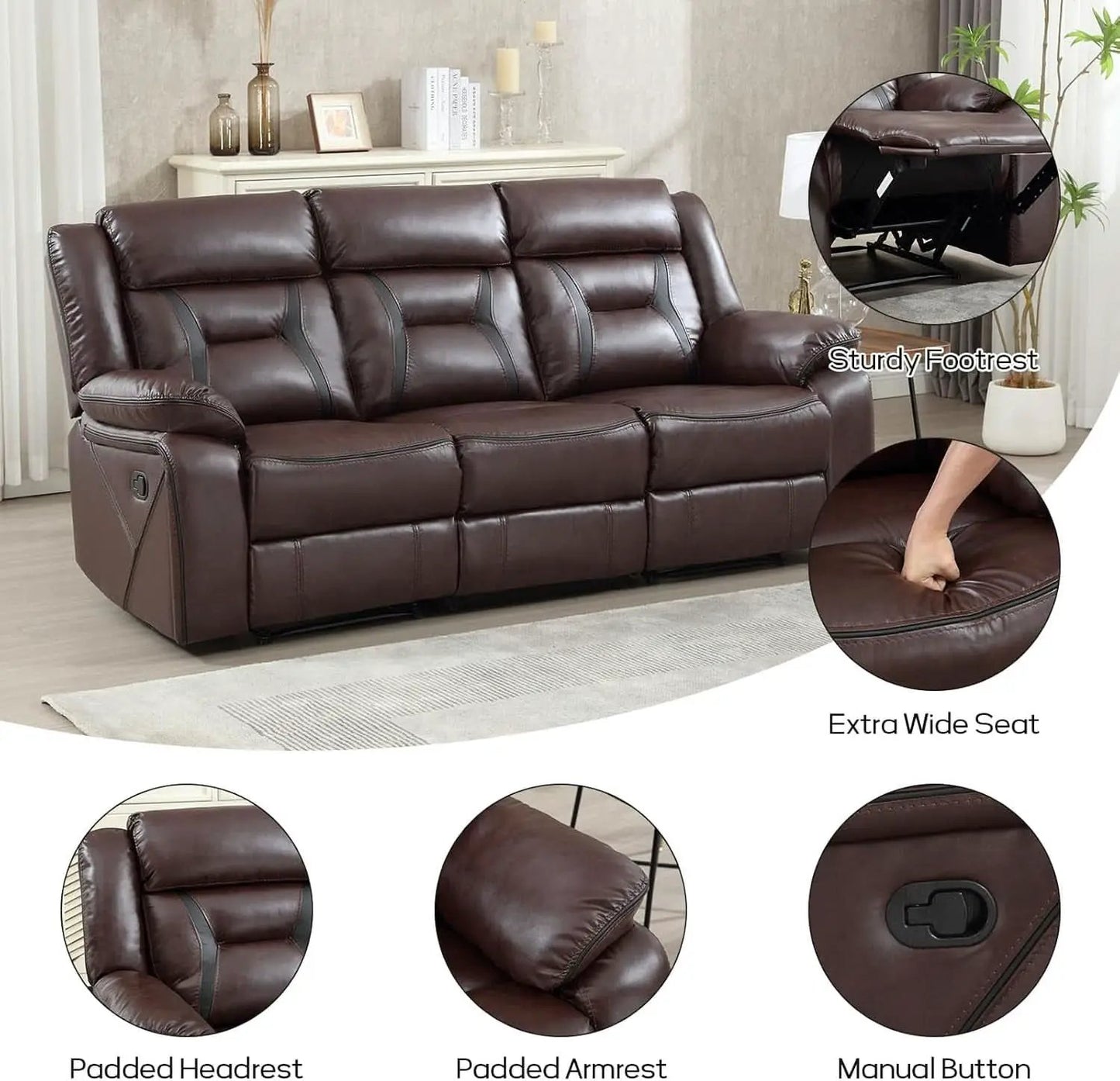 Three Seat Manual Reclining Sofa Dark Brown Faux Leather from PriceLows™