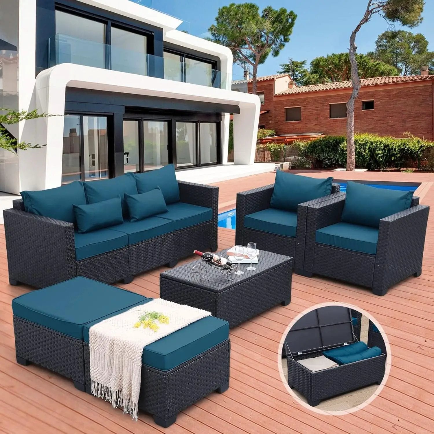Patio Furniture Set 6 Pieces Peacock Blue Cushions Included from PriceLows™