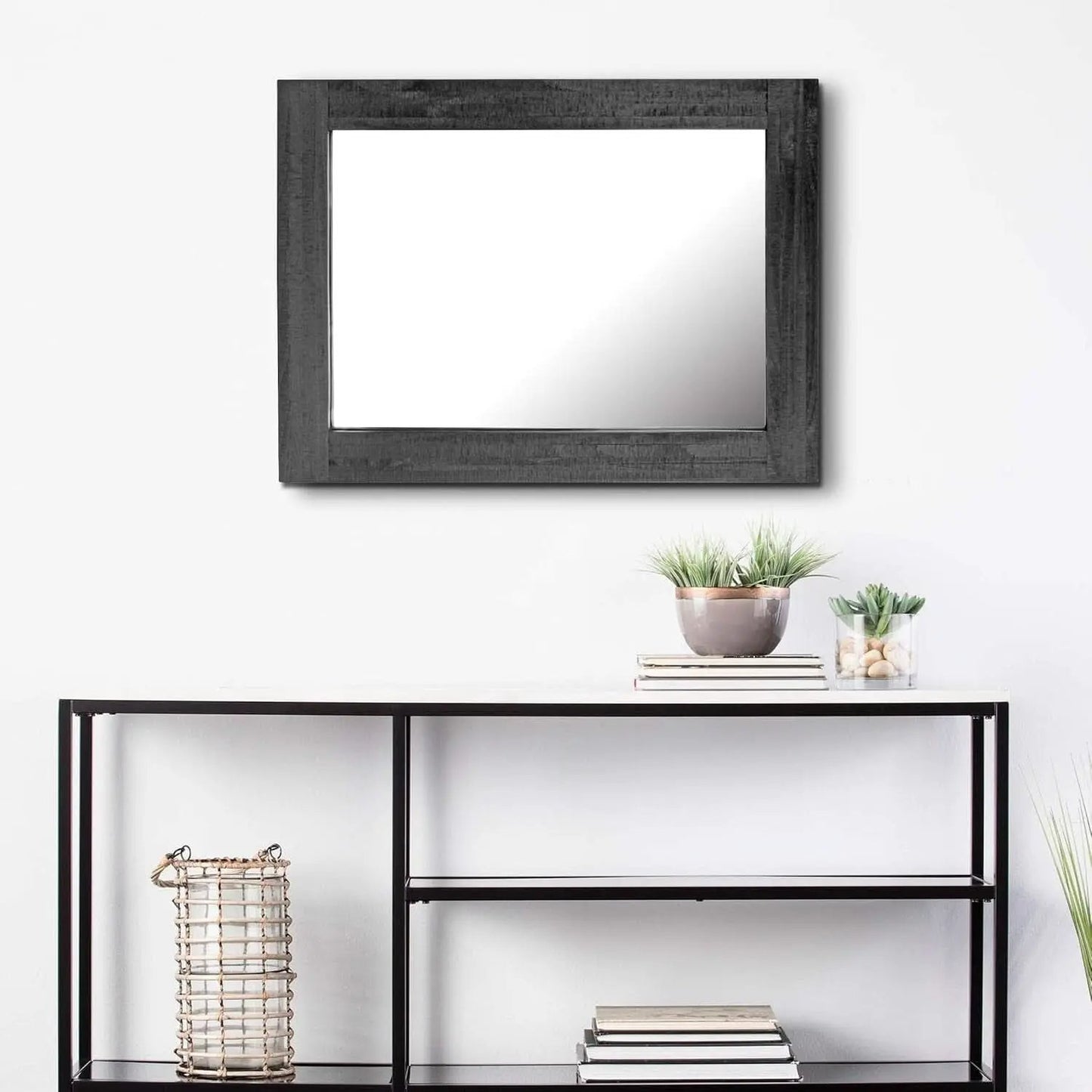 24x18 Inch Rectangle Black Wood Frame Wall Mirror With Attached Hanging Brackets Rustic Decor from PriceLows™