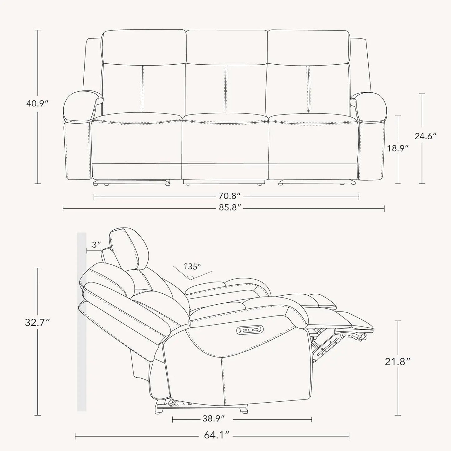 Navy Genuine Leather Power Recliner Sofa With USB Type C from PriceLows™