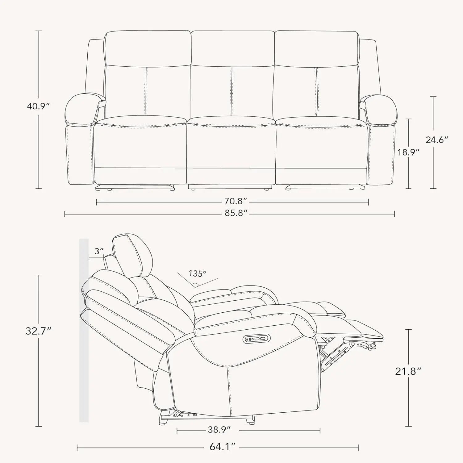 Navy Genuine Leather Power Recliner Sofa With USB Type C from PriceLows™