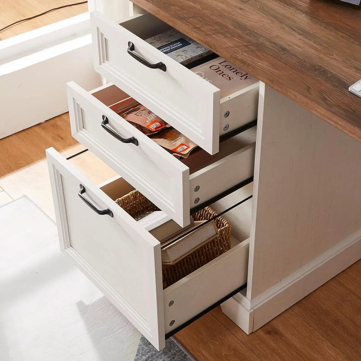 60 Inch L Shaped Desk With Farmhouse Cabinetry Storage from PriceLows™