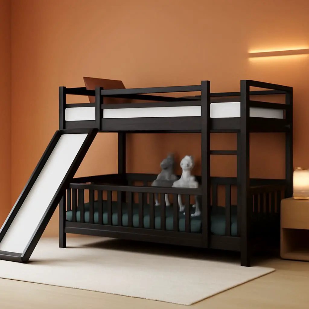 Twin Over Twin Floor Bunk Bed With Slide And Ladder from PriceLows™