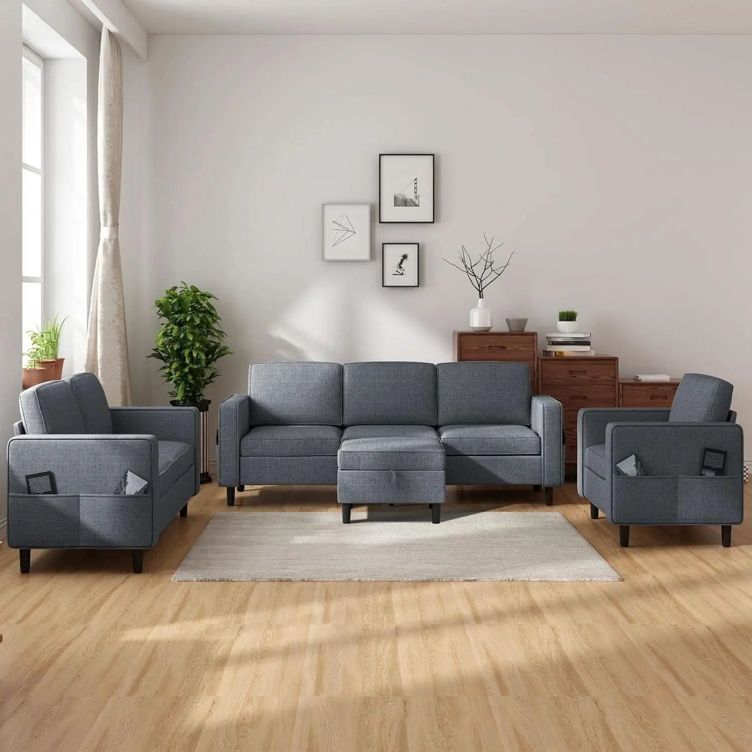 6 Seater Sectional Sofa In Dark Grey Linen With Ottoman from PriceLows™