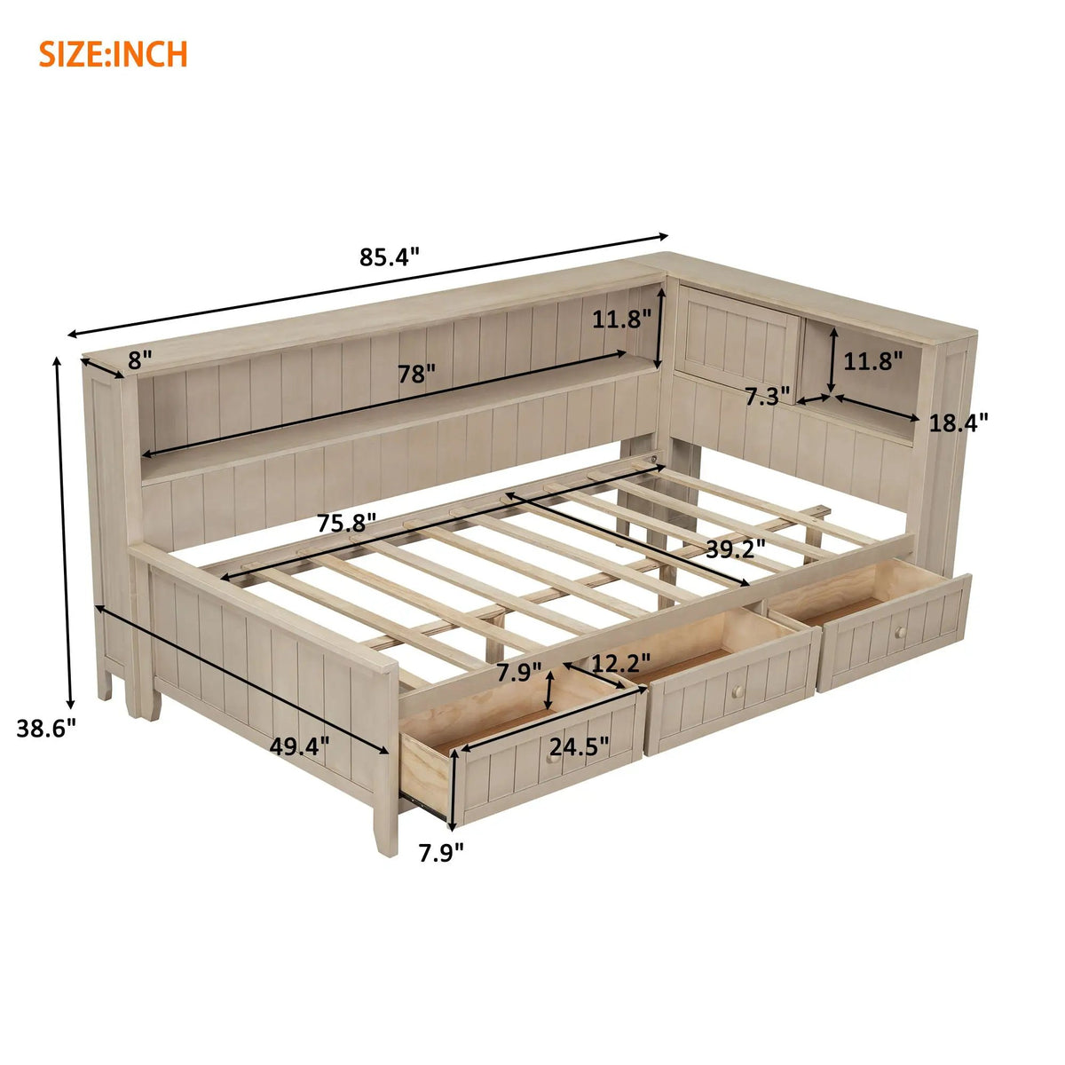 Daybed With Storage Shelves | Sliding Door Side Shelves | Farmhouse Style | 10 Wood Slats