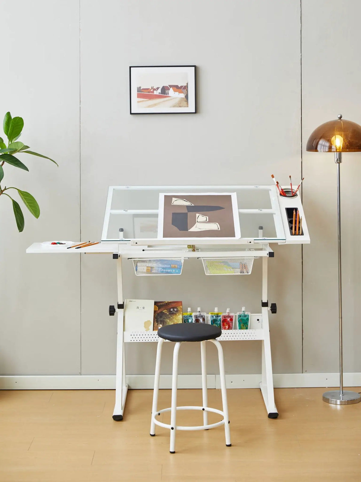 Tempered Glass Drafting Table | Adjustable Tilt 0 To 75 Degrees | Two Metal Drawers | Chair Included