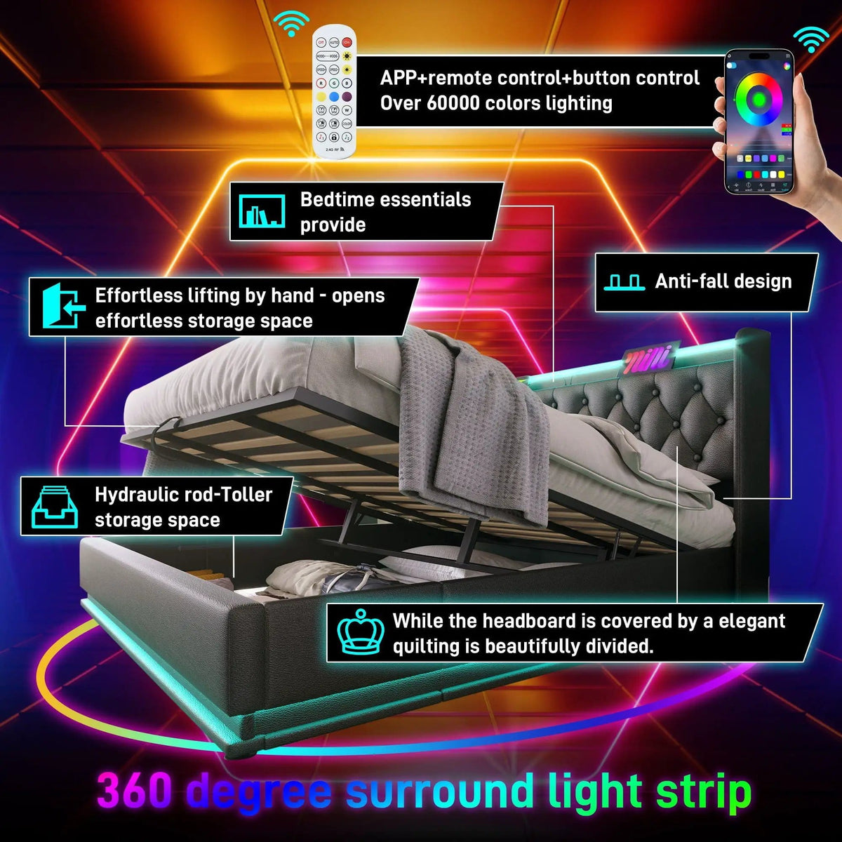 Upholstered Bed, 360 Surround LED Function, Remote Control, Hydraulic Storage Bed | 8 Pieces | Fabric & Iron | Bedroom