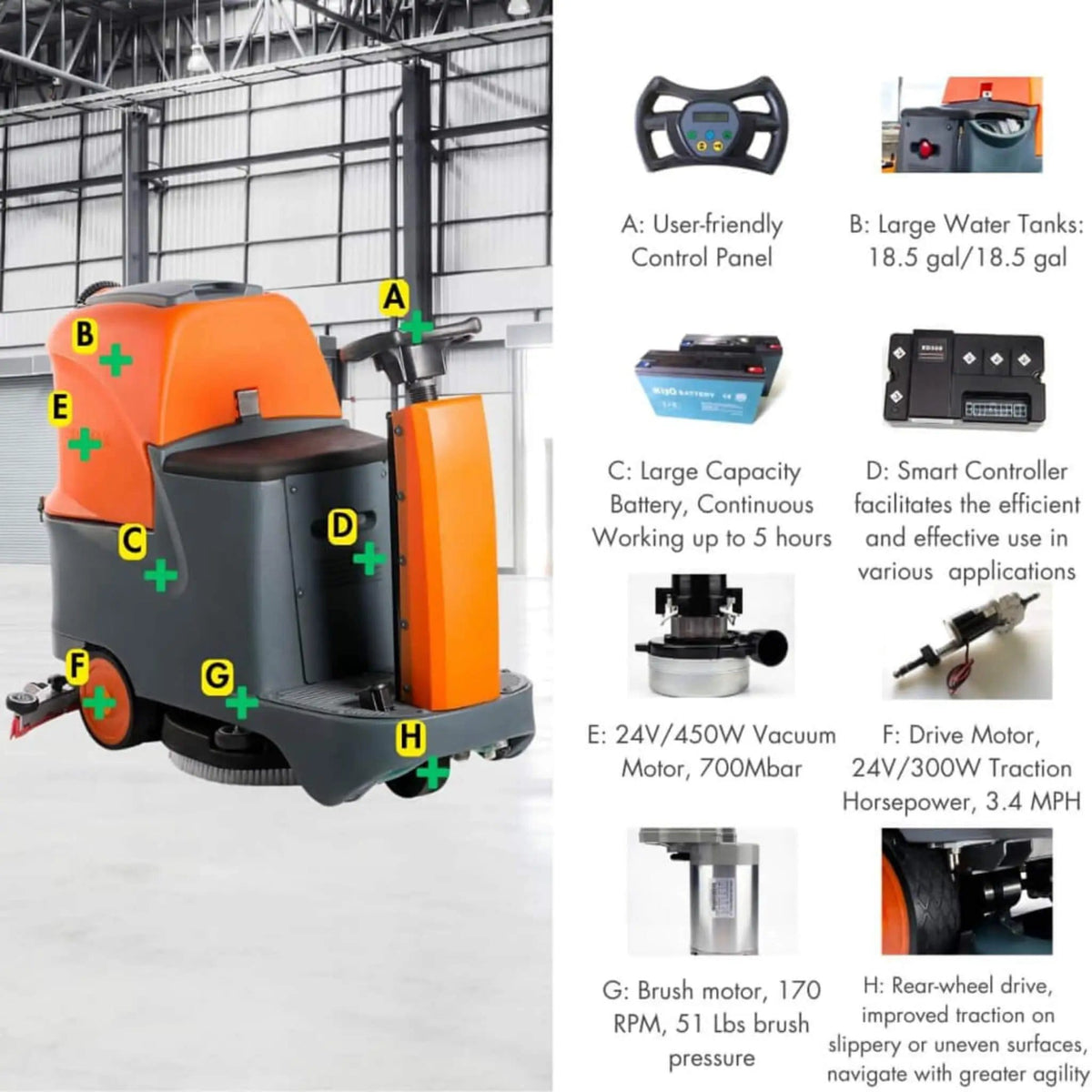 22-Inch Heavy-Duty Electric Industrial Ride-On Floor Scrubber With Dual Tanks | 22 Inch | Concrete | Home