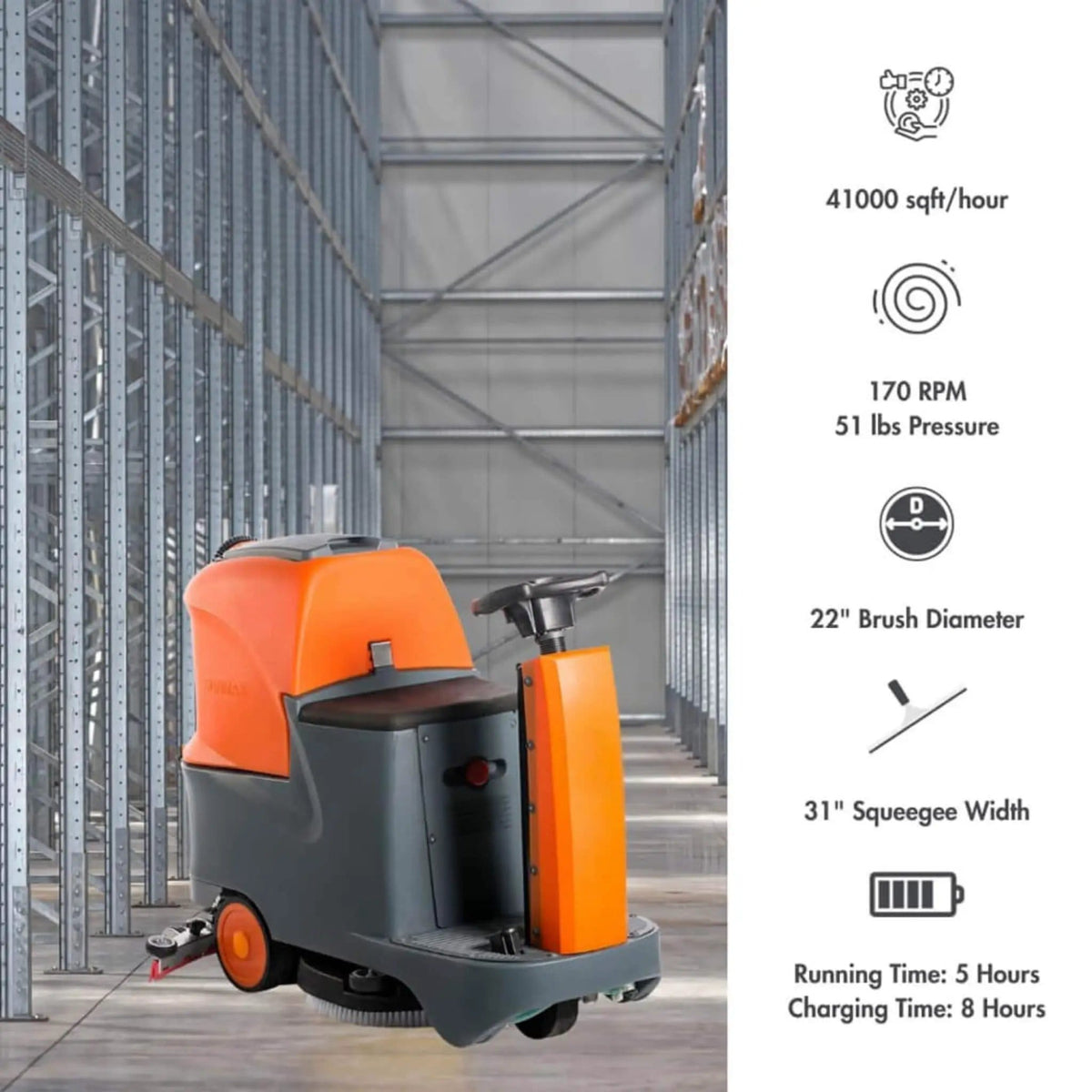 22-Inch Heavy-Duty Electric Industrial Ride-On Floor Scrubber With Dual Tanks | 22 Inch | Concrete | Home