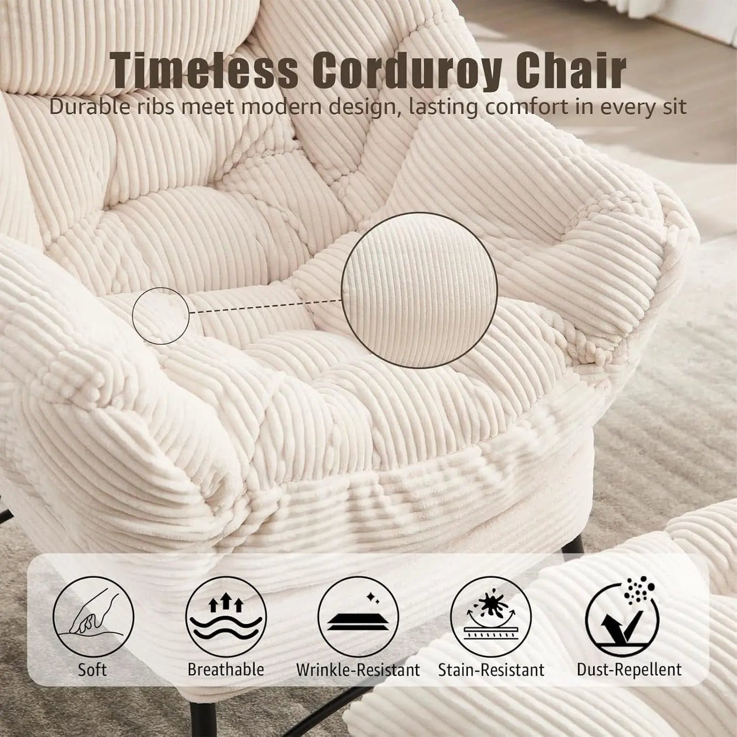 Large Corduroy White Armchair With Ottoman Footrest from PriceLows™