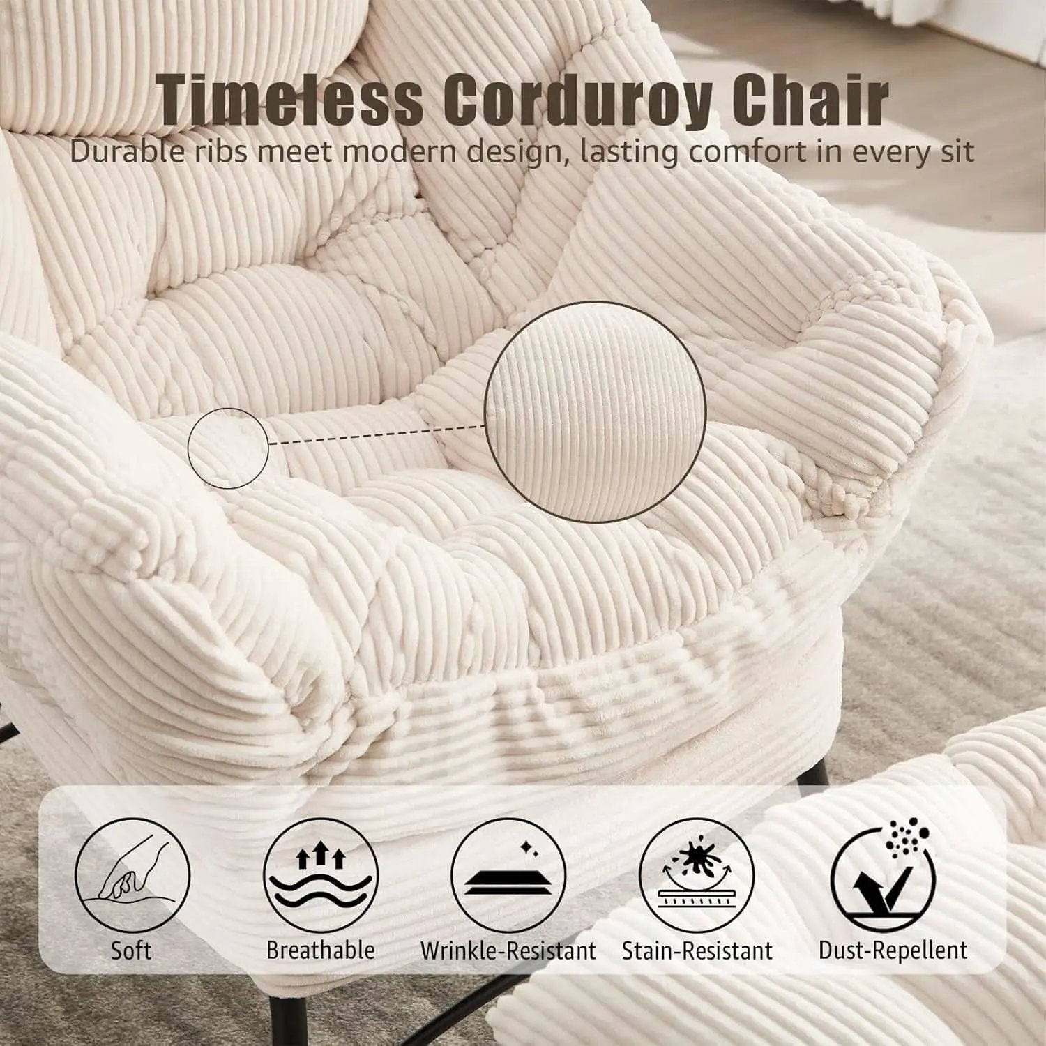 Oversized Corduroy White Reading Chair With Ottoman from PriceLows™