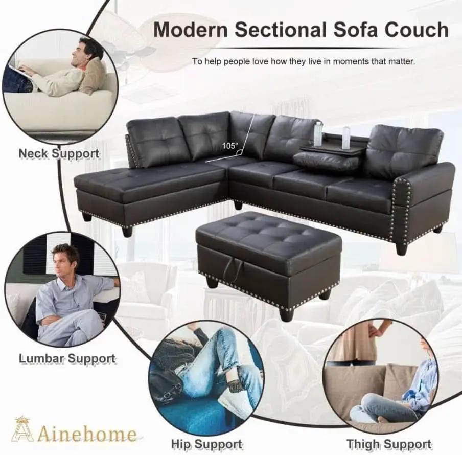 Gray L Shaped Sectional Sofa With Cup Holders And Chaise from PriceLows™