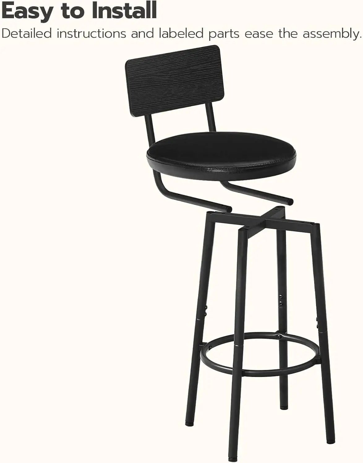 26 Inch Black PU Upholstered Bar Stools Set Of 2 With Back And Footrest