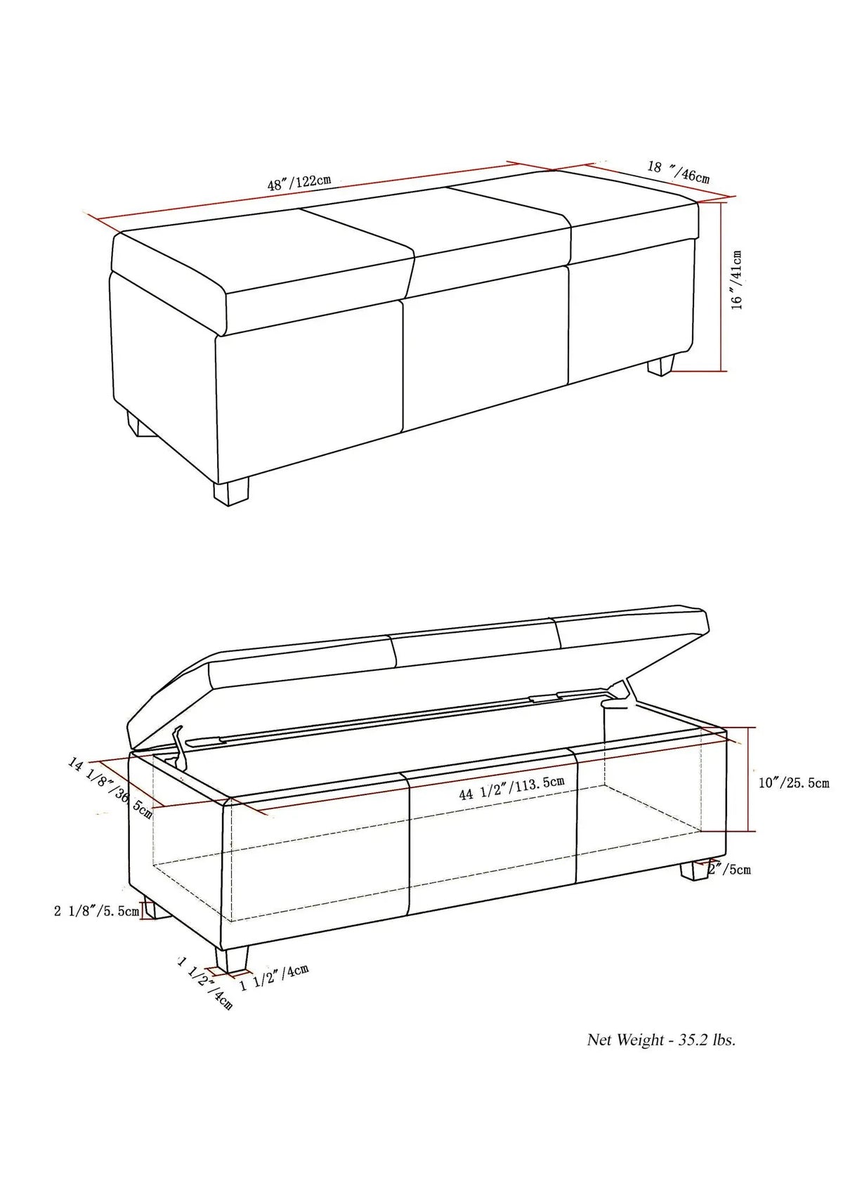 Storage Ottoman Bench | Solid Wood Frame | High Density Foam