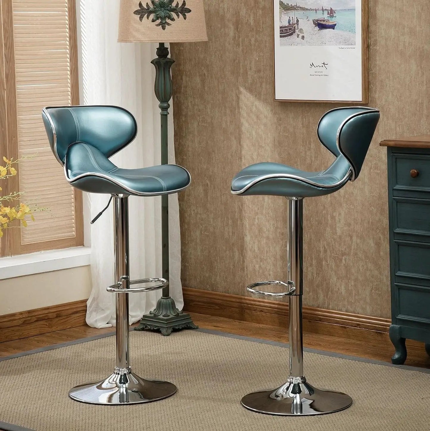Blue Cushioned Leatherette Barstools Set Of 2 With Airlift Height And Swivel from PriceLows™