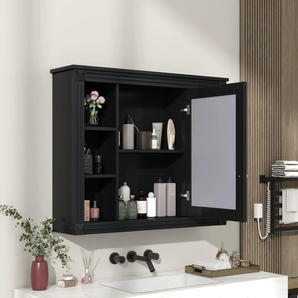 Wall-Mounted Bathroom Storage Cabinet With Mirror, 6 Open Shelves - | 35 x 7.1 x 28.7 in | Metal & Mdf | Black