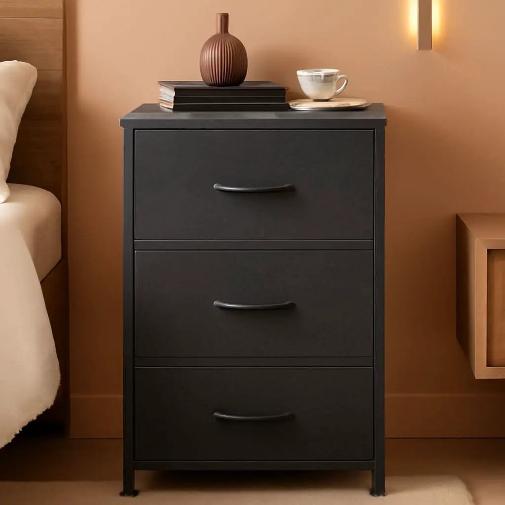Charcoal Black 3 Drawer Dresser With Wood Top Steel Frame from PriceLows™
