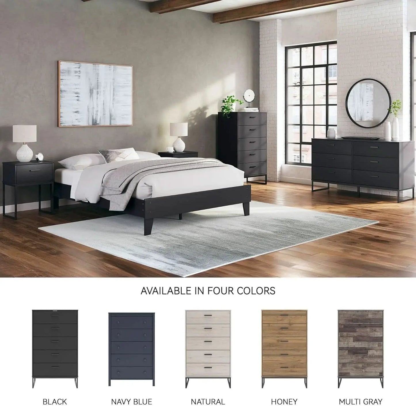 Modern 5-Drawer Chest with Safety Stop, Black Finish for Bedroom from PriceLows™