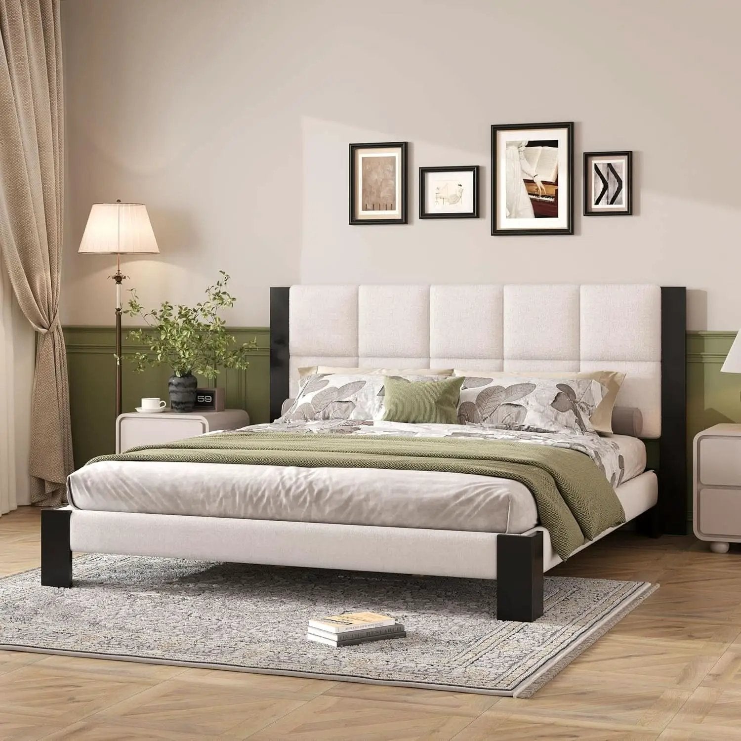 King Size Beige Boucle Upholstered Bed Frame With Solid Wood Slat Support from PriceLows™