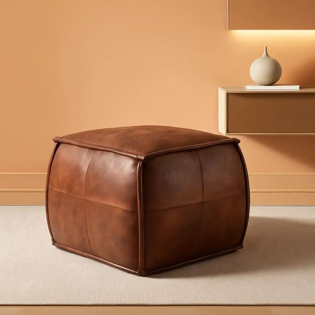 Authentic Brown Leather Ottoman Square Memory Foam from PriceLows™