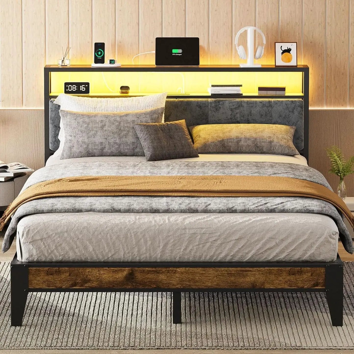 Queen Size RGB LED Headboard With Storage And Charging from PriceLows™