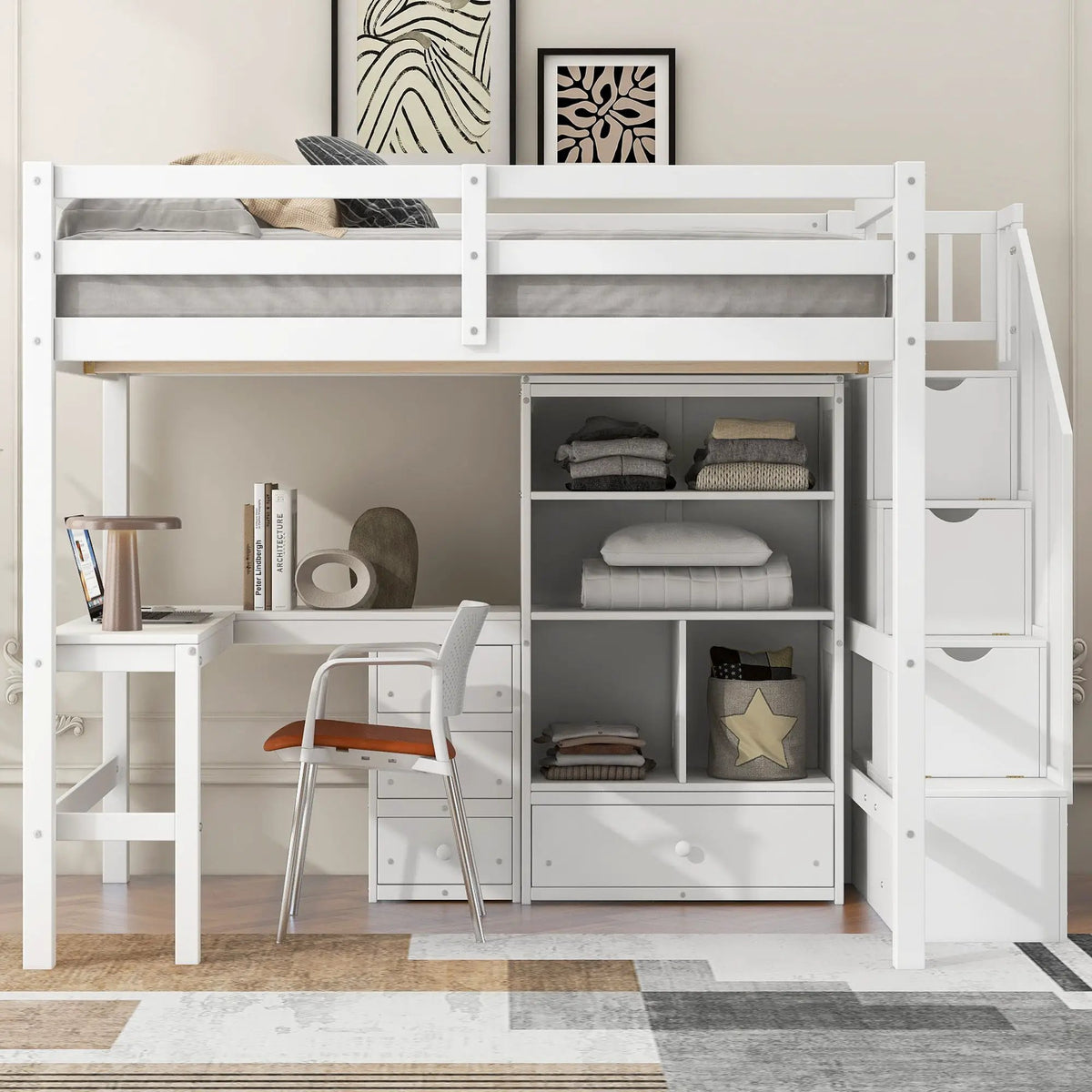 Loft Bed With L-Shaped Desk | Three Drawers | Cabinet | Storage Staircase