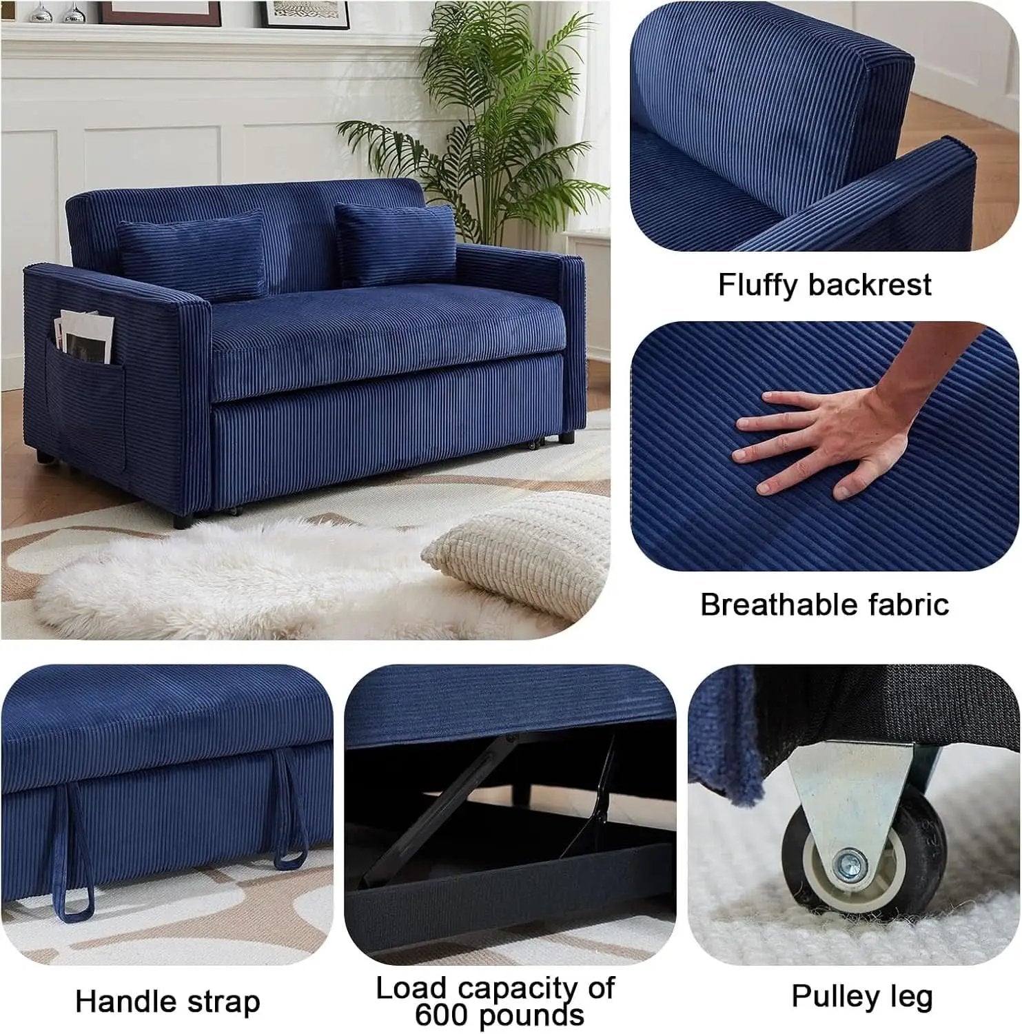 Navy Corduroy Convertible Sleeper Sofa Bed Pockets from PriceLows™