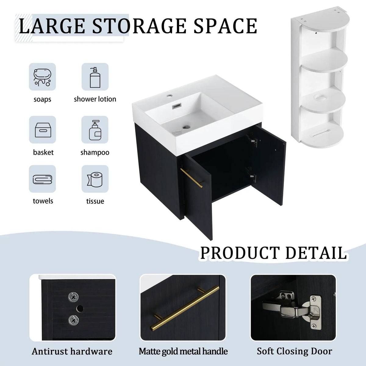 Modern Wall Mounted Bathroom Vanity With Thick Edge Resin Sink And Storage Rack | 3 Pieces | Stainless Steel & Plywood | Bathroom