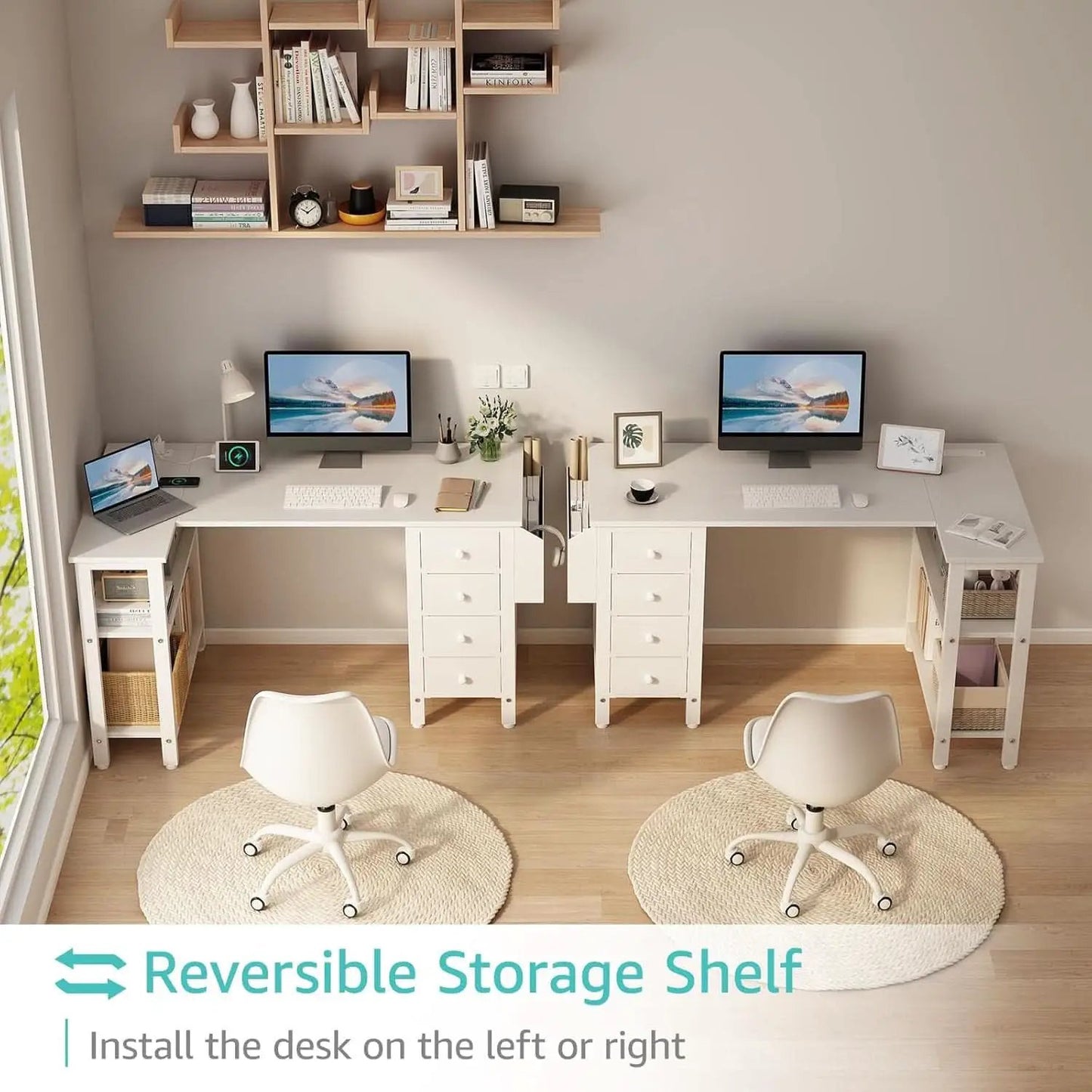 White 47 Inch L Shaped Corner Desk With Reversible Storage from PriceLows™