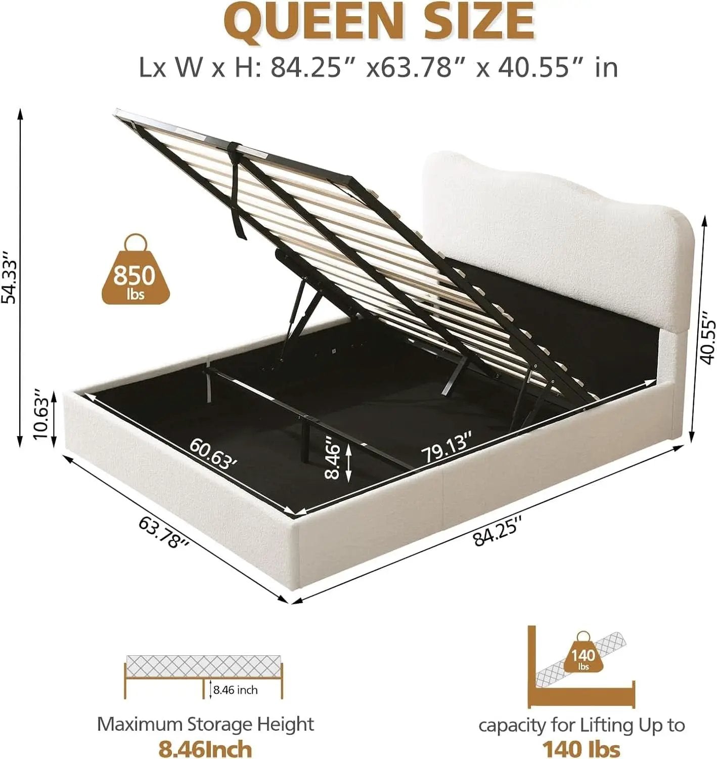 Queen Size Lift Up Storage Bed Curved Headboard Upholstered from PriceLows™