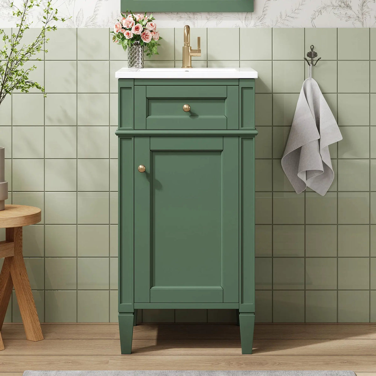French Style Bathroom Vanity | Integrated Ceramic Sink | Fluted Panels | Solid Wood Legs