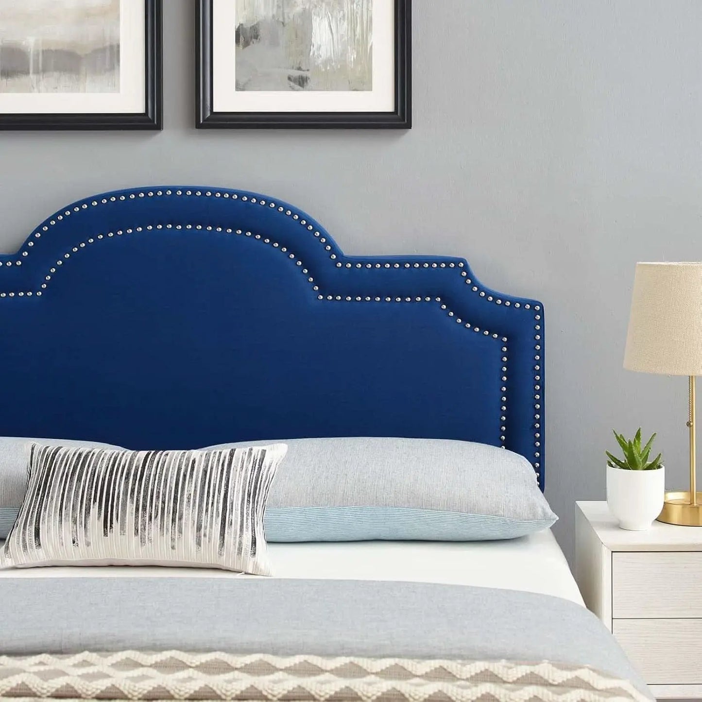 Navy Velvet King Headboard with Nailhead Trim and Foam from PriceLows™