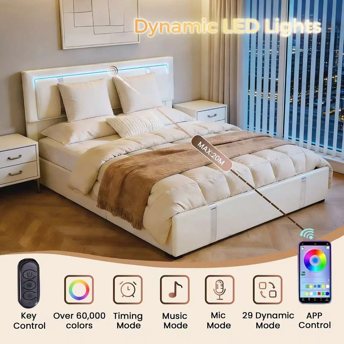 Upholstered Platform Bed Frame | Adjustable LED Headboard | Hydraulic Lift
