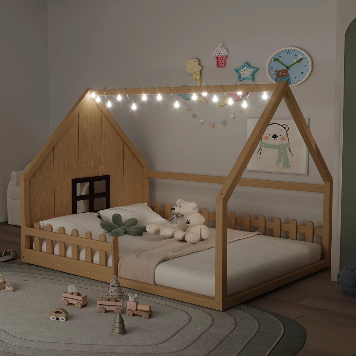 Platform House Bed | Window And Fence Design | Solid Pine Wood | Built-In LED Light