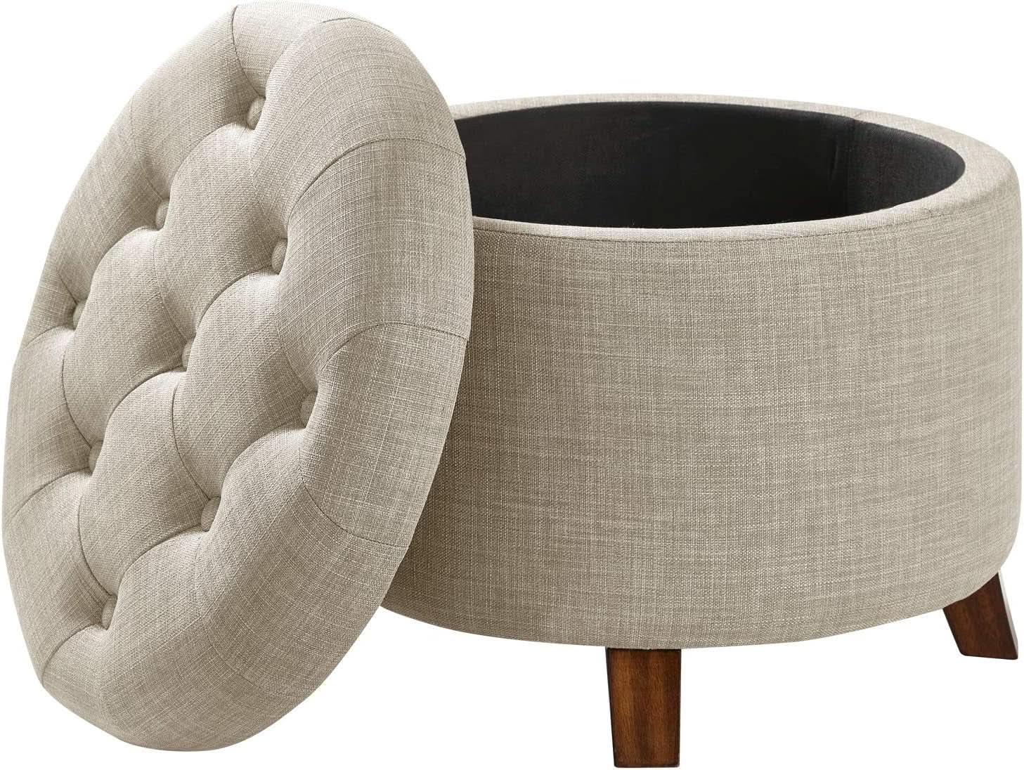 Beige Linen Round Storage Ottoman Featuring Tufting from PriceLows™