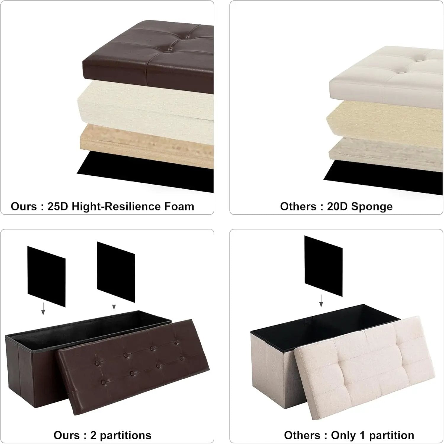 Forty Three Inches Folding Storage Ottoman Bench Brown Leather from PriceLows™