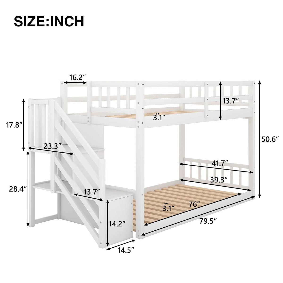 Floor Bunk Bed | Dual Guardrails | Ladder Storage | Twin Over Twin