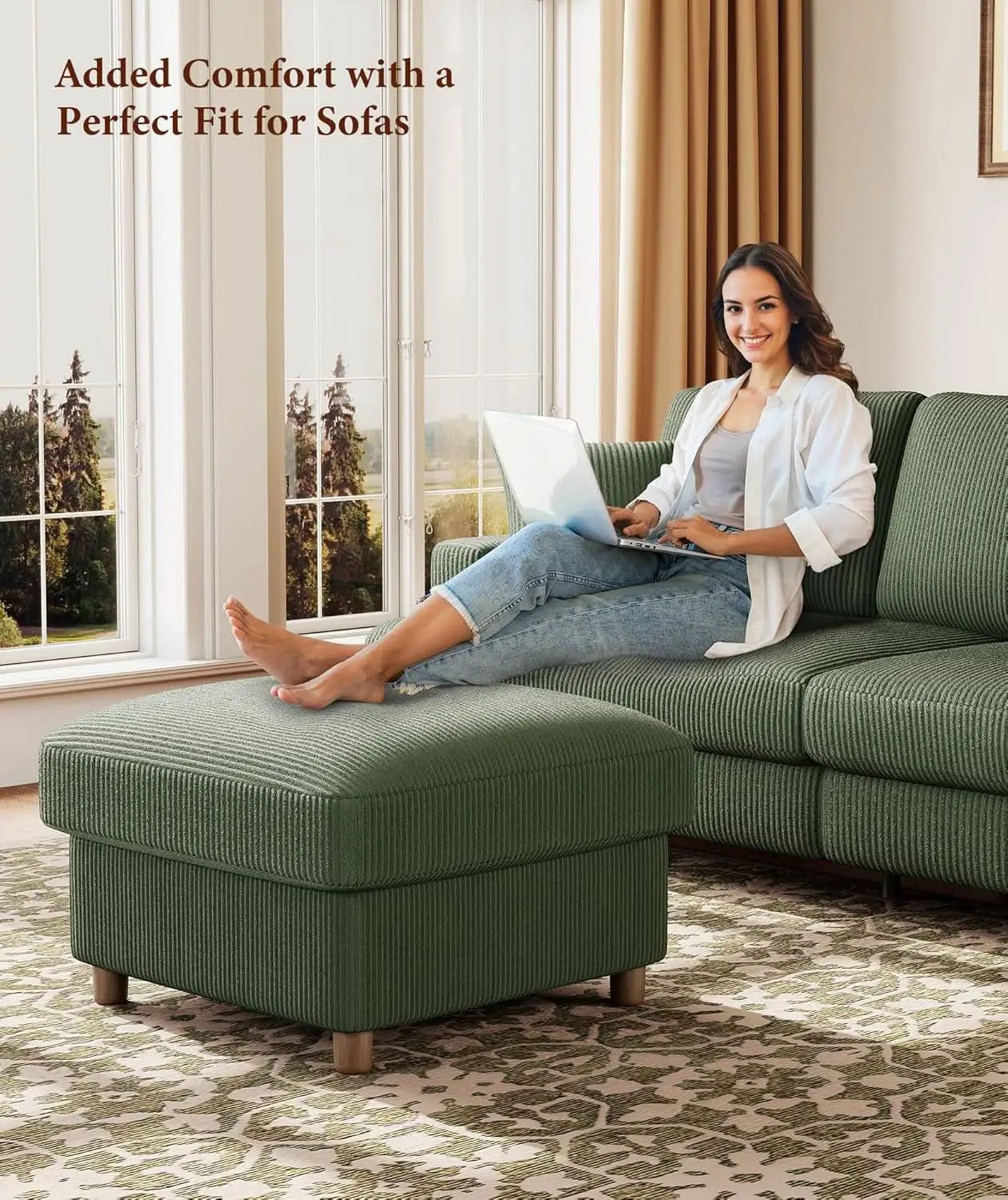 Emerald Corduroy Storage Ottoman 25 Inch Cushioned from PriceLows™