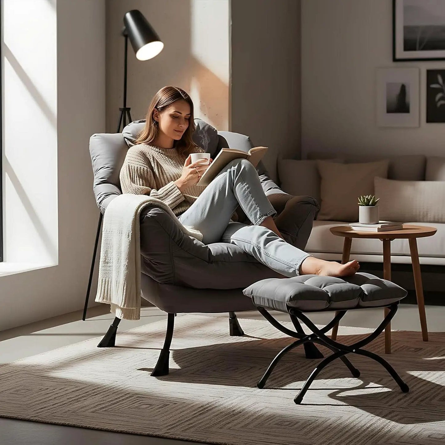 Dark Grey Lazy Chair With Ottoman Footrest And Side Pocket from PriceLows™